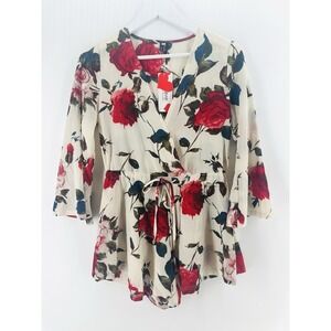 RELIPOP NWT Boho Floral Wrap Romper Shorts Sz S Red Rose Lightweight‎ R1035
